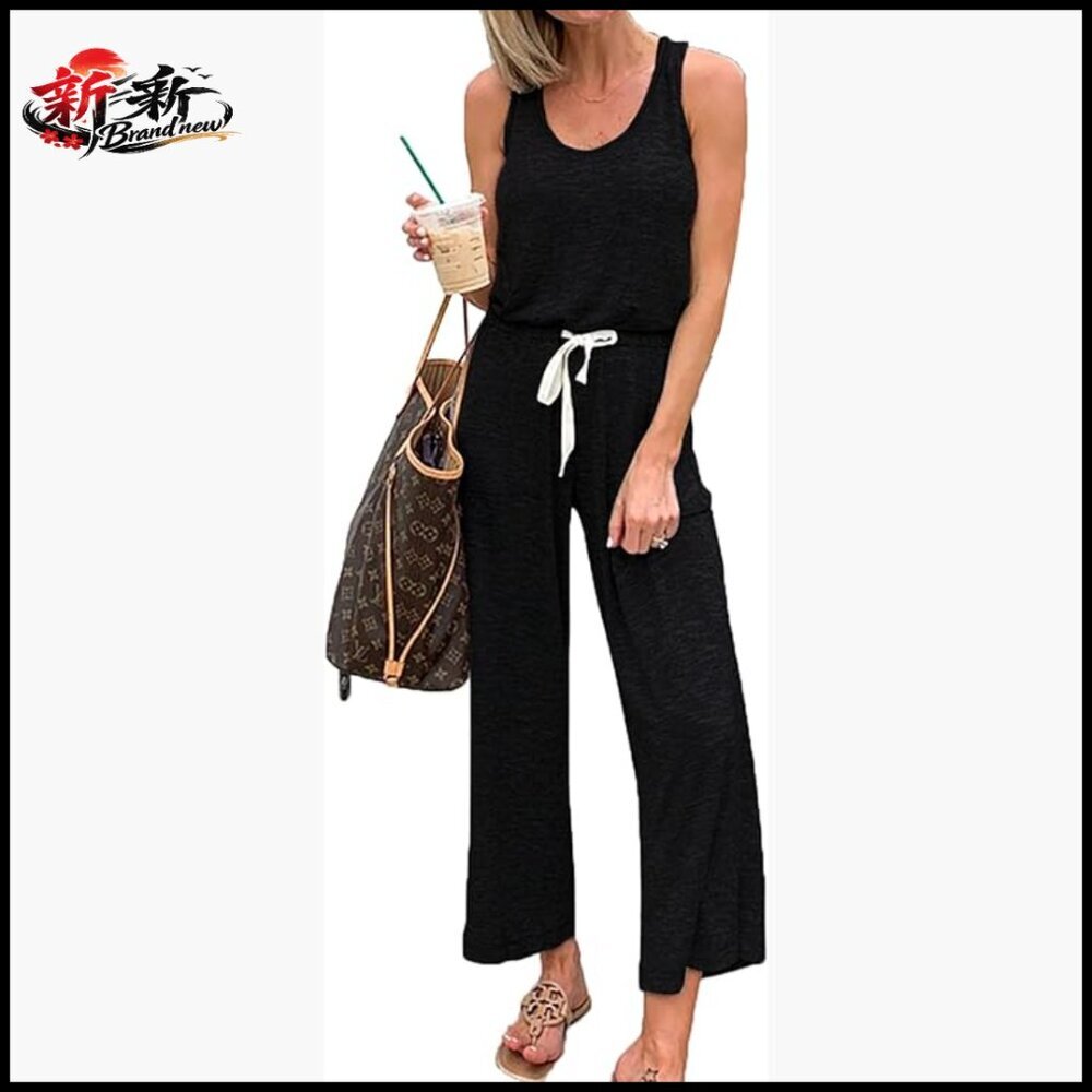 Sleeveless Scoop Neck Jumpsuit with Pockets, 65% Polyester 30% Viscose 5%